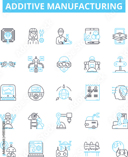 Additive manufacturing vector line icons set. 3D printing, Additive, Manufacturing, Rapid, Prototyping, Layer, STL illustration outline concept symbols and signs