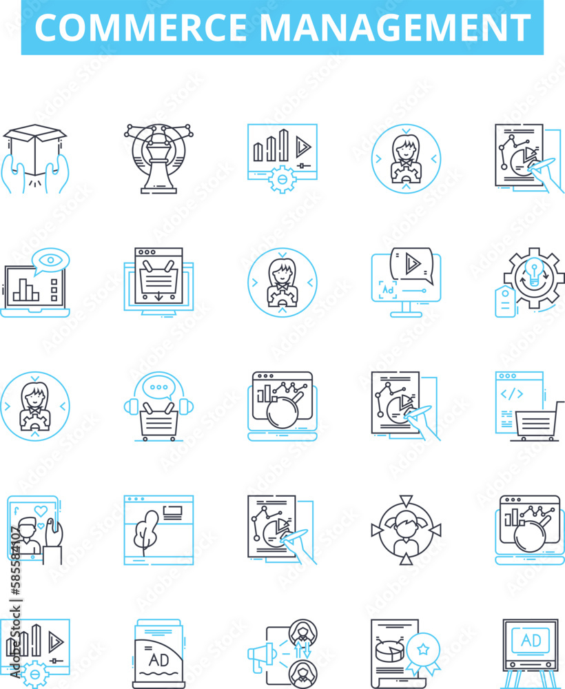 Commerce management vector line icons set. Commerce, Management, eCommerce, Business, Trade, Logistics, Retail illustration outline concept symbols and signs