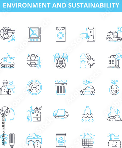 Environment and sustainability vector line icons set. Environment, sustainability, ecology, green, conservation, renewable, air illustration outline concept symbols and signs photo