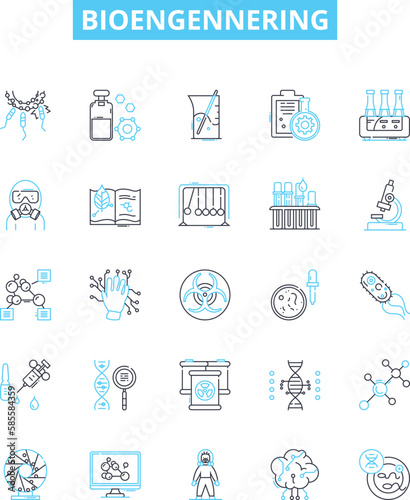 Bioengennering vector line icons set. bioengineering, genetics, biopharmaceuticals, biotransformation, proteomics, nanotechnology, tissue engineering illustration outline concept symbols and signs