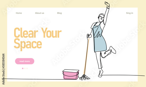 Home cleaning service landing page design concept, illustration of janitors with cleaning tools. Vector illustration