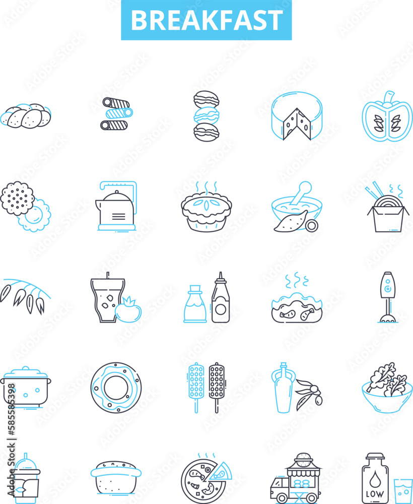 Breakfast vector line icons set. Eggs, Toast, Oatmeal, Pancakes, Cereal, Bacon, Sausage illustration outline concept symbols and signs Breakfast vector line icons set. Eggs, Toast, Oatmeal, Pancakes, Cereal, Bacon, Sausage illustration outline concept symbols and signs