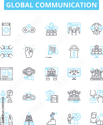 Global communication vector line icons set. Interconnectivity, Worldwide, Technology, Networking, Digital, Instantaneous, Cross-cultural illustration outline concept symbols and signs