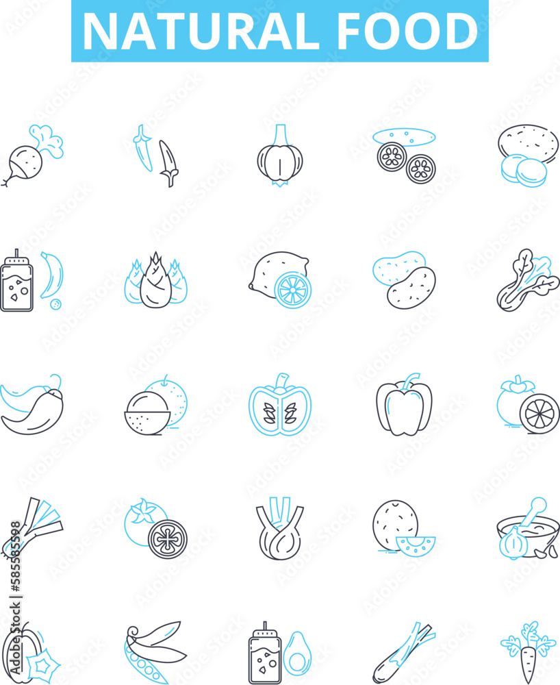 Natural food vector line icons set. Organic, Whole, Unprocessed, Fresh, Plant-based, Local, Vegan illustration outline concept symbols and signs Natural food vector line icons set. Organic, Whole, Unprocessed, Fresh, Plant-based, Local, Vegan illustration outline concept symbols and signs