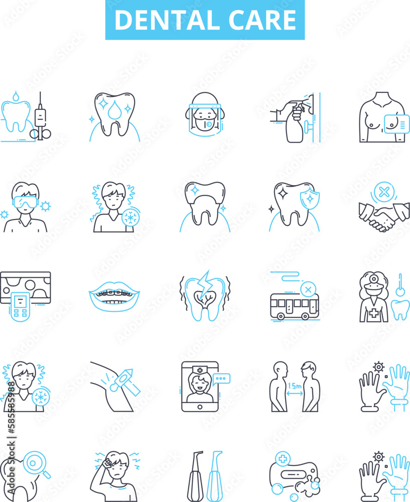 Dental care vector line icons set. Dentistry, Oral, Teeth, Hygiene, Brushing, Flossing, Fillings illustration outline concept symbols and signs