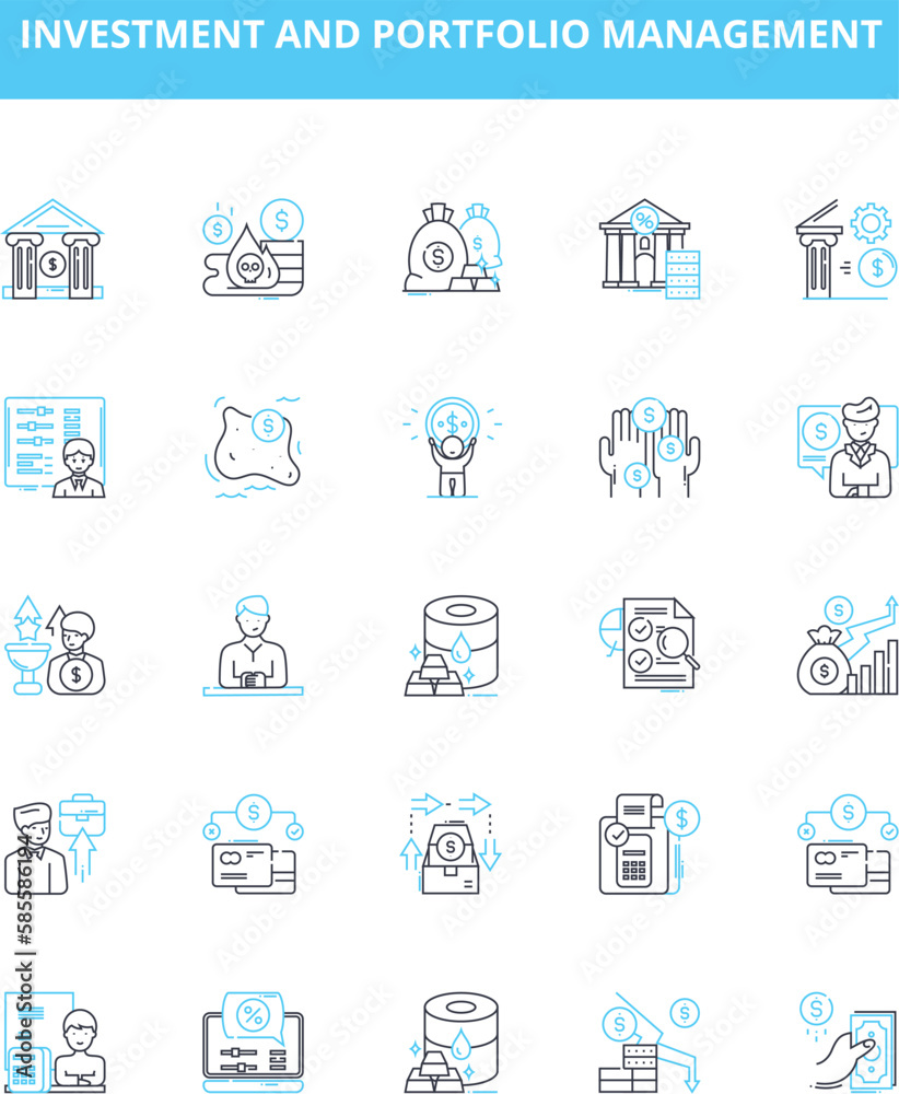 Investment and portfolio management vector line icons set. Investment, Portfolio, Management, Asset, Equity, Fixed income, Alternative illustration outline concept symbols and signs Investment and portfolio management vector line icons set. Investment, Portfolio, Management, Asset, Equity, Fixed income, Alternative illustration outline concept symbols and signs