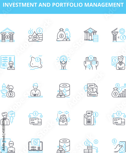 Investment and portfolio management vector line icons set. Investment, Portfolio, Management, Asset, Equity, Fixed income, Alternative illustration outline concept symbols and signs