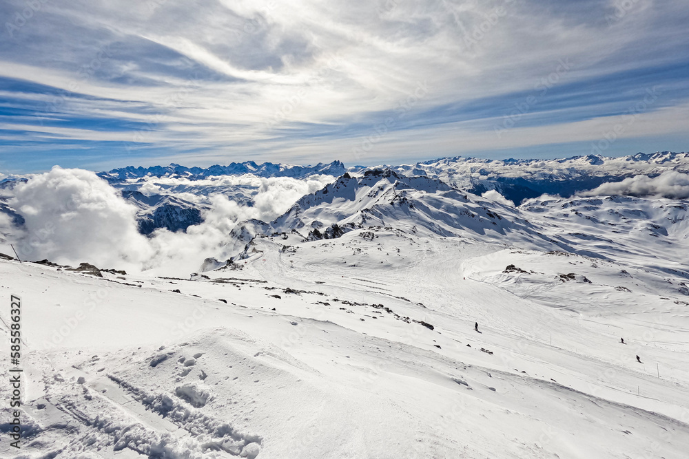 View of the French Alps in winter from the summit of 