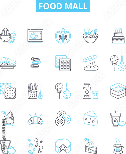 Food mall vector line icons set. Food, Mall, Foodcourt, Restaurants, Dining, Groceries, Cuisine illustration outline concept symbols and signs