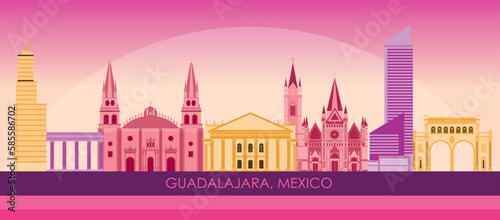 Sunset Skyline panorama of city of Guadalajara, Mexico - vector illustration