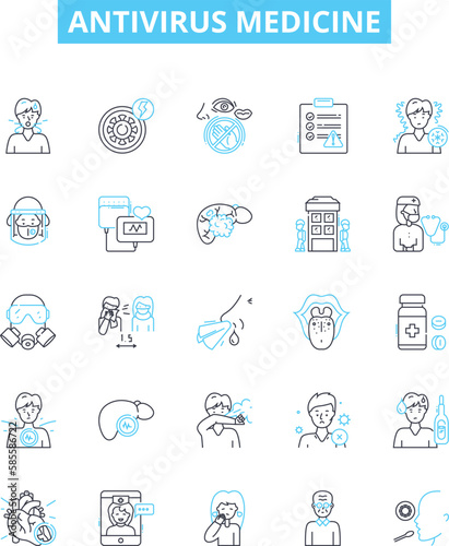 Antivirus medicine vector line icons set. Antiviral, Medicine, Security, Protection, Virus, Software, Shield illustration outline concept symbols and signs