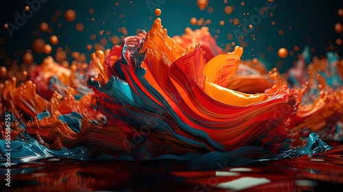 Dynamic 3D abstract background: swirling liquids, splashes, cell shading, vibrant colors, bold outlines, soft lighting, limited animation, 8K resolution, depth of field effect.