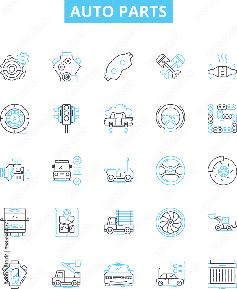 Auto parts vector line icons set. Car, Auto, Parts, Tires, Battery, Radiator, Oil illustration outline concept symbols and signs