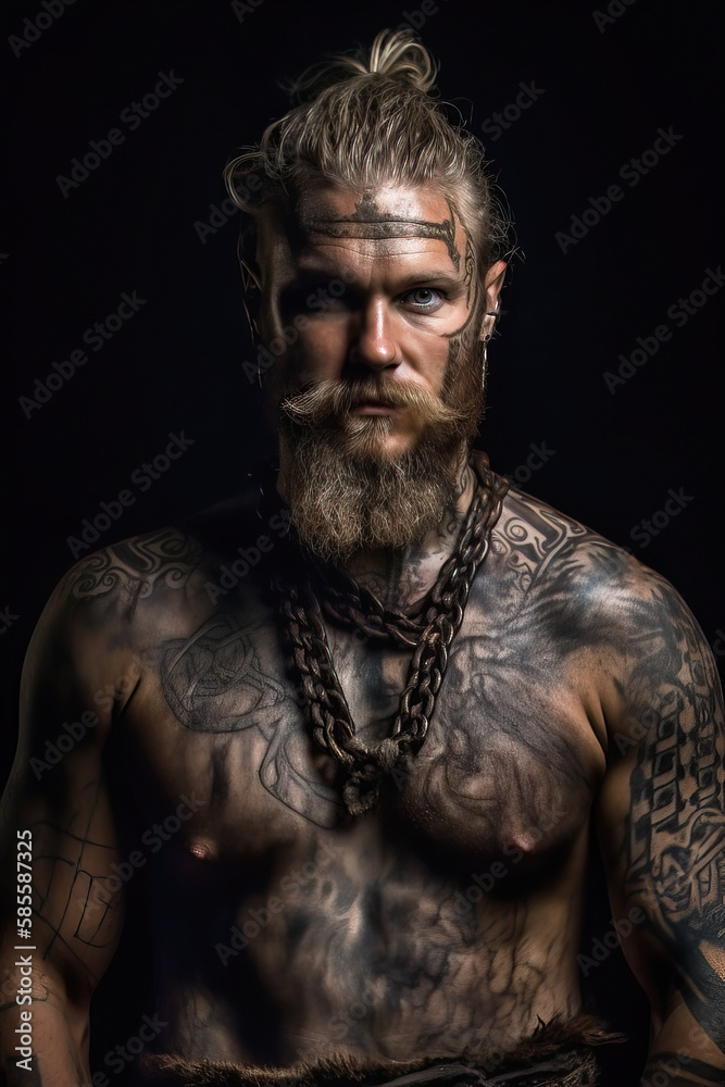 Obraz premium Illustration of handsome strong and muscular Viking warrior. Historical Viking culture concept. Generative AI