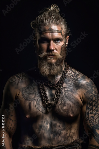 Illustration of handsome strong and muscular Viking warrior. Historical Viking culture concept. Generative AI
