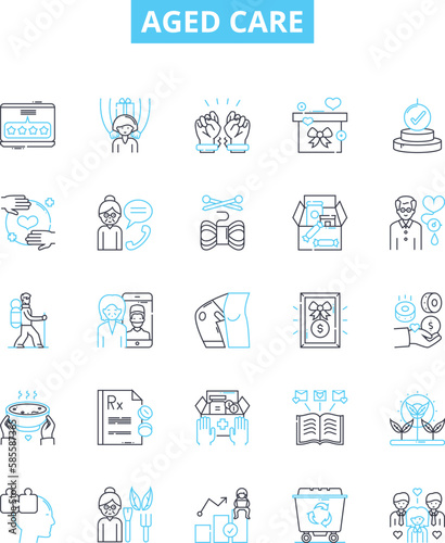 Aged care vector line icons set. Aging, Care, Elderly, Assisted, Supportive, Nursing, Retirement illustration outline concept symbols and signs
