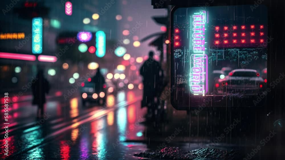 night city, street, after the rain, cyberpunk style, background for music, 4k