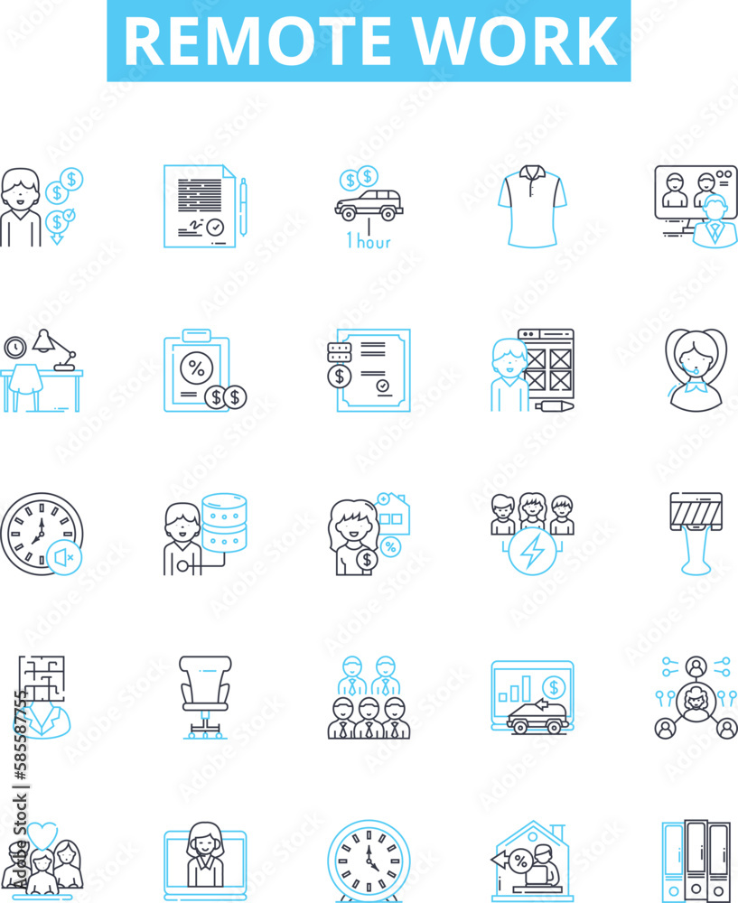 Remote work vector line icons set. Remote, Work, Telecommuting, Teleworking, Virtual, Office, Offsite illustration outline concept symbols and signs