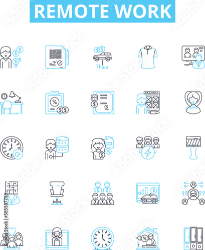 Remote work vector line icons set. Remote, Work, Telecommuting, Teleworking, Virtual, Office, Offsite illustration outline concept symbols and signs