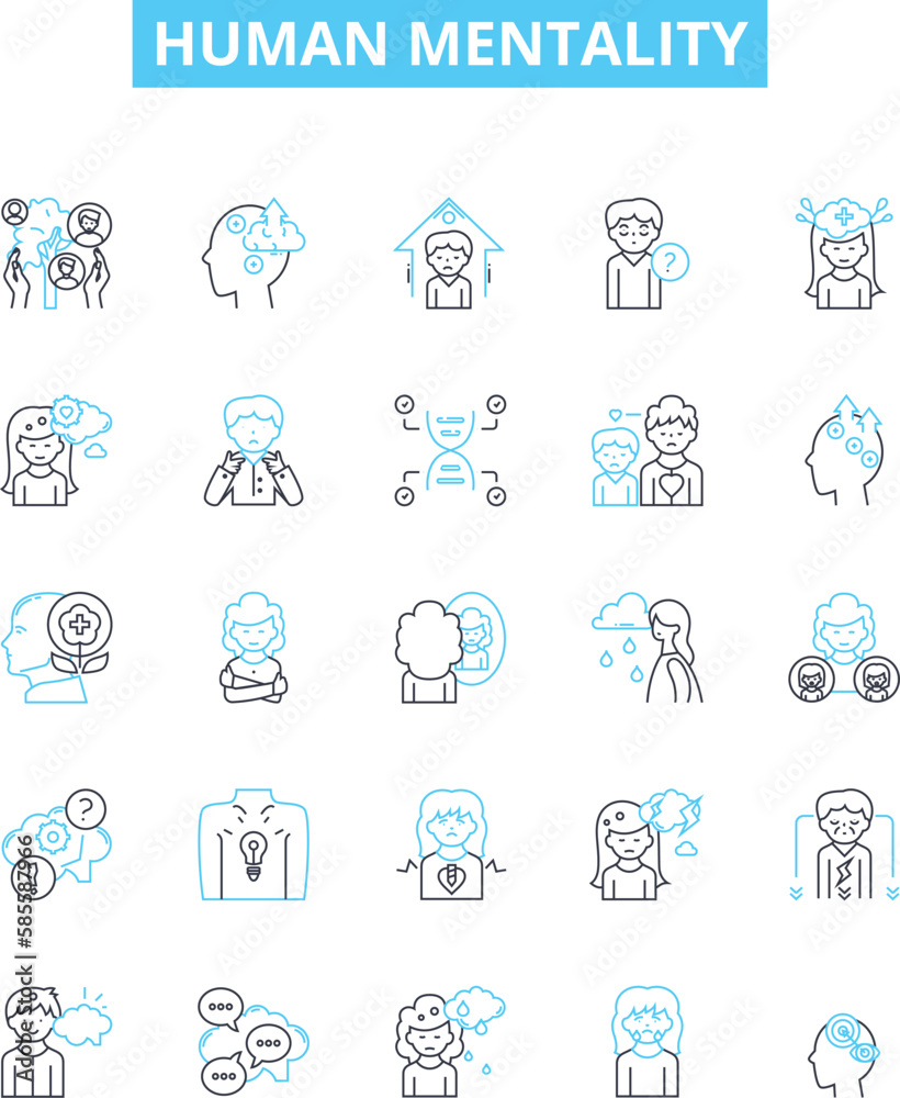 Human mentality vector line icons set. Mindset, Attitude, Perception, Cognition, Reasoning, Thought, Psychology illustration outline concept symbols and signs