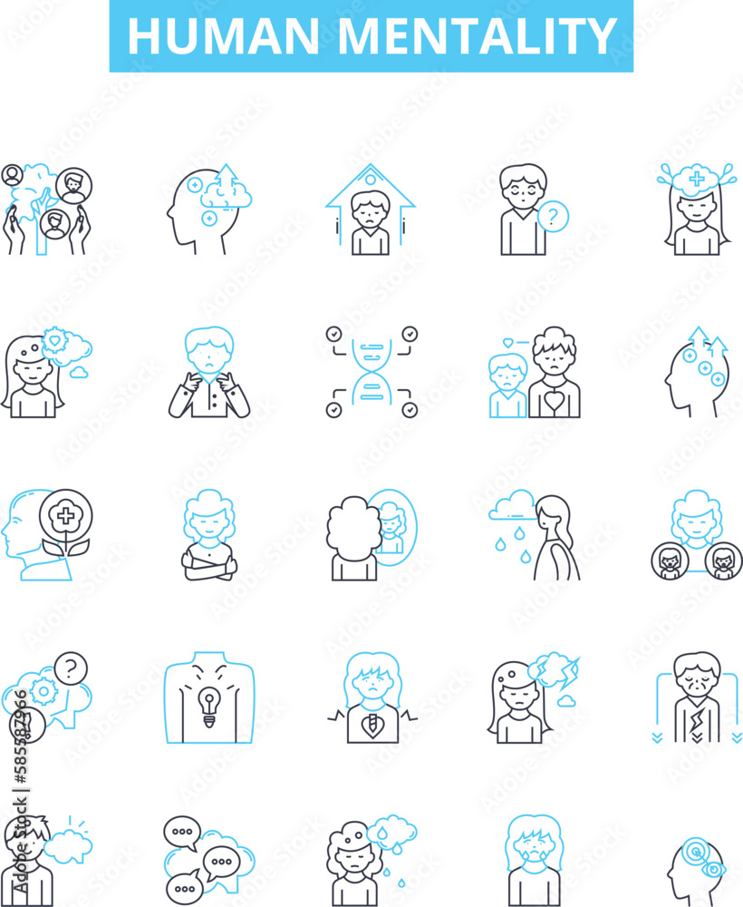 Human mentality vector line icons set. Mindset, Attitude, Perception, Cognition, Reasoning, Thought, Psychology illustration outline concept symbols and signs Human mentality vector line icons set. Mindset, Attitude, Perception, Cognition, Reasoning, Thought, Psychology illustration outline concept symbols and signs