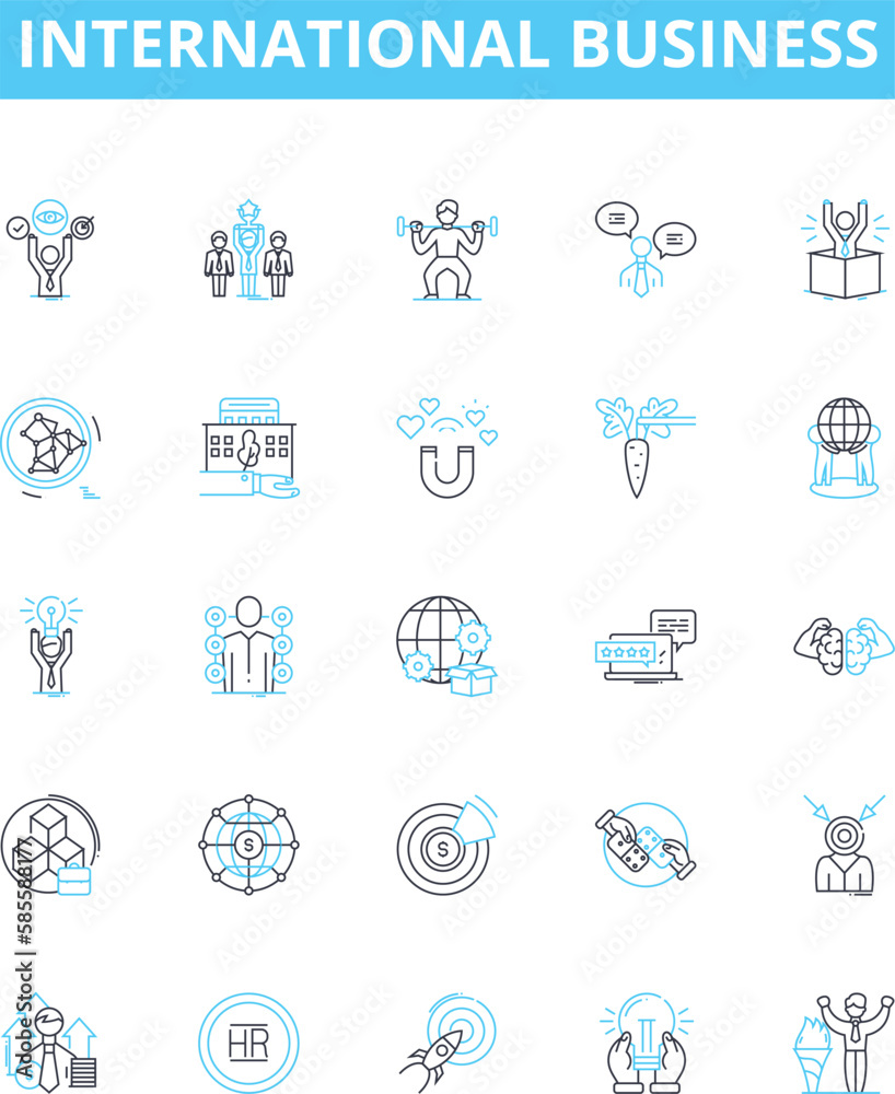 International business vector line icons set. Global, Trade, Export, Import, Multinational, Commerce, Corporate illustration outline concept symbols and signs International business vector line icons set. Global, Trade, Export, Import, Multinational, Commerce, Corporate illustration outline concept symbols and signs