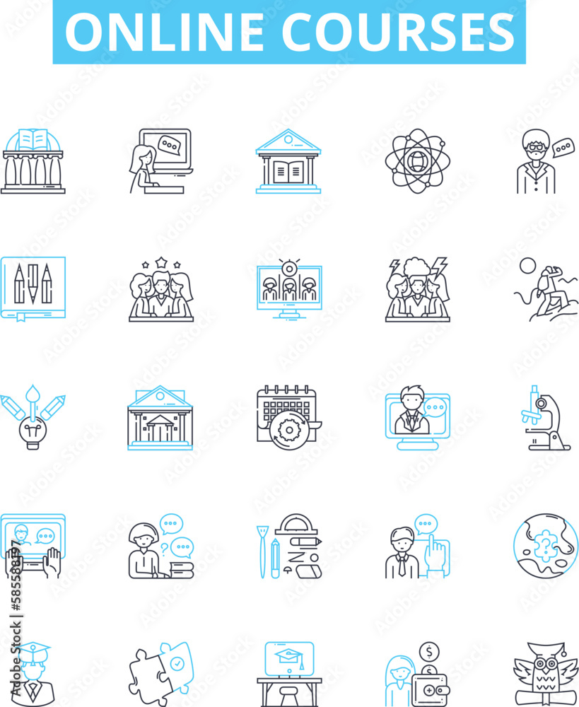 Online courses vector line icons set. E-learning, Training, Webinars, Tutorials, Distance Education, MOOCs, Lectures illustration outline concept symbols and signs Online courses vector line icons set. E-learning, Training, Webinars, Tutorials, Distance Education, MOOCs, Lectures illustration outline concept symbols and signs