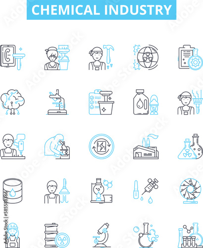 Chemical industry vector line icons set. Chemicals, Industry, Petrochemicals, Fertilizers, Petroleum, Synthetics, Pharmaceuticals illustration outline concept symbols and signs