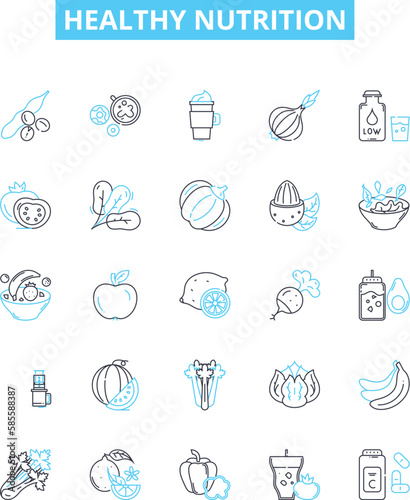 Healthy nutrition vector line icons set. Nutrition, Healthy, Diet, Balanced, Vegetables, Fruits, Grains illustration outline concept symbols and signs