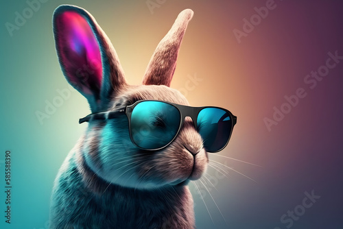Bunny with Sunglasses. Synthwave Neon Retro Style. Generativ AI 