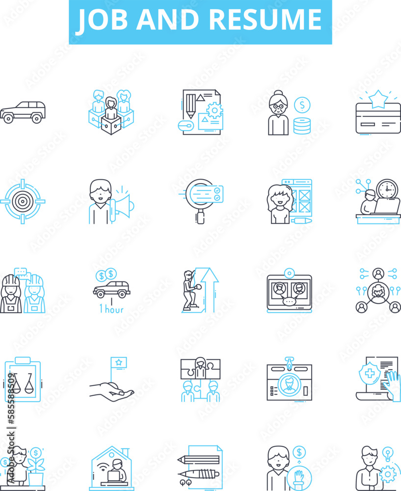Job and resume vector line icons set. Job, Resume, Employment, Hiring, Interview, Career, Application illustration outline concept symbols and signs