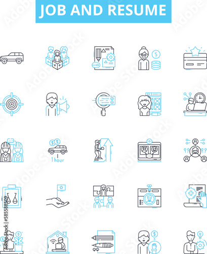 Job and resume vector line icons set. Job, Resume, Employment, Hiring, Interview, Career, Application illustration outline concept symbols and signs