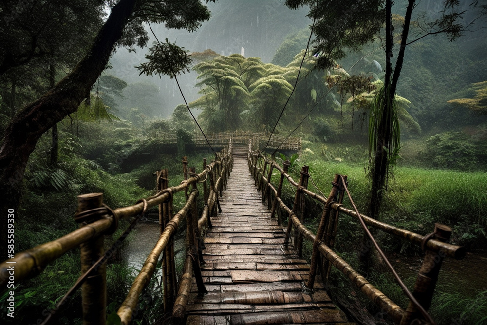 Fototapeta Narrow wooden bridge in the middle of the forest,AI generated