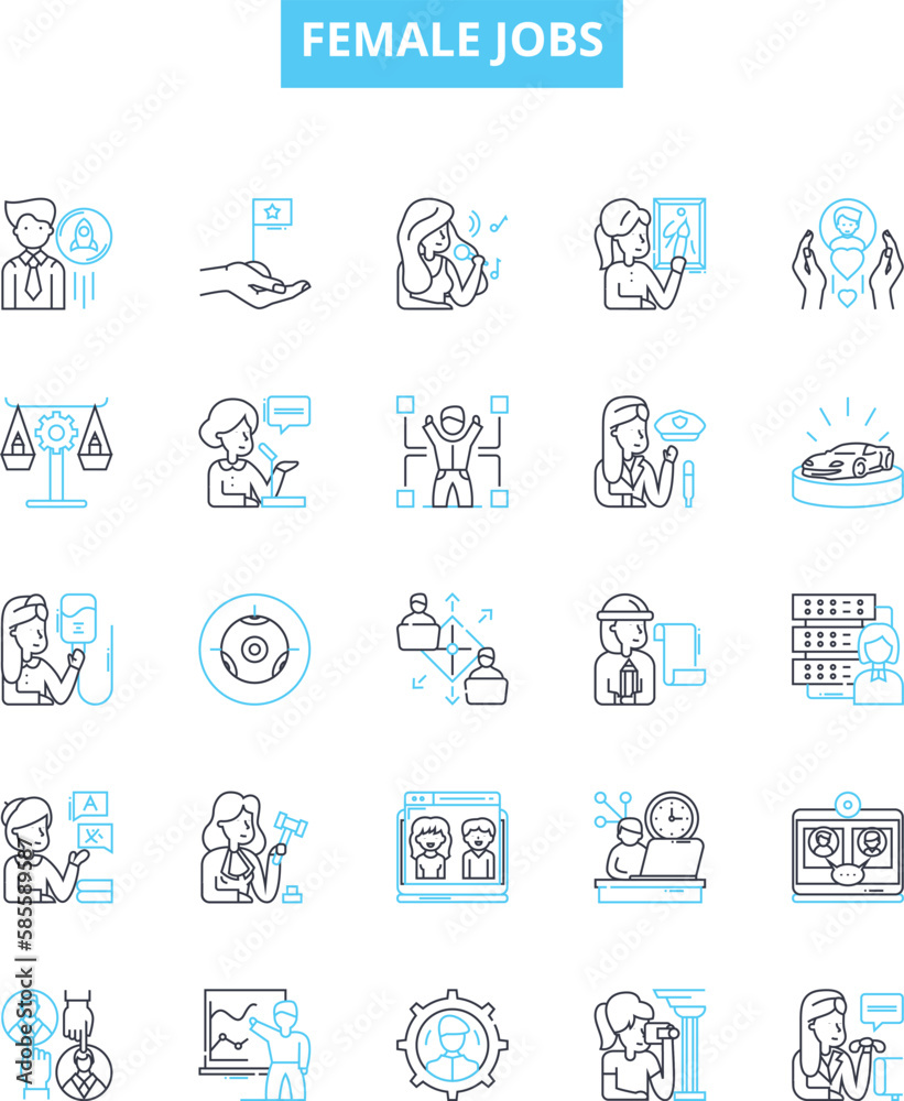 Female jobs vector line icons set. Nurse, Teacher, Engineer, Receptionist, Doctor, Lawyer, Administrator illustration outline concept symbols and signs Female jobs vector line icons set. Nurse, Teacher, Engineer, Receptionist, Doctor, Lawyer, Administrator illustration outline concept symbols and signs