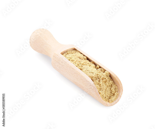 Wooden scoop with aromatic mustard powder on white background