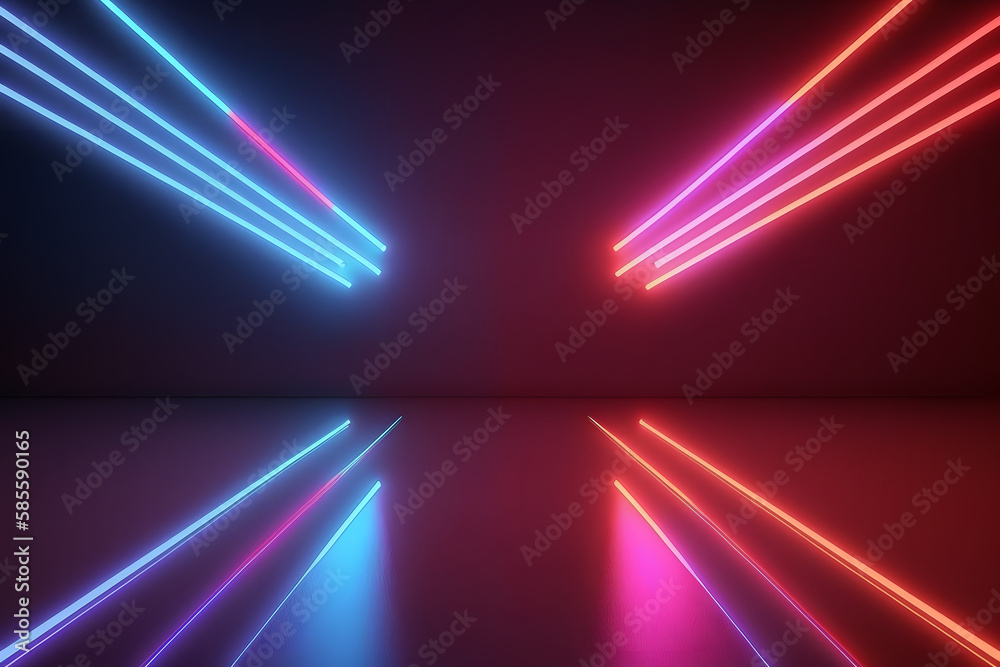 3D abstract futuristic neon line background. Cyber Space Tunnel Stage. Blue Violett Color. Generativ AI 