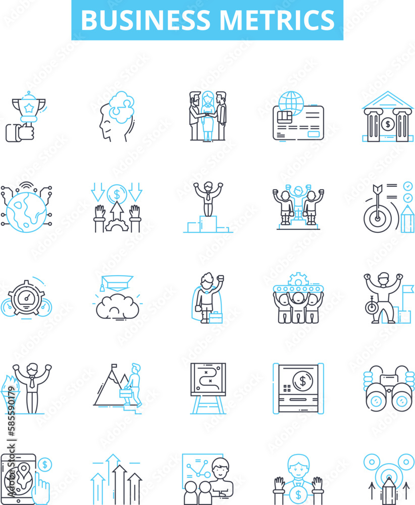 Business metrics vector line icons set. Metrics, KPIs, ROI, Profit, Revenue, Cycle, Cost illustration outline concept symbols and signs Business metrics vector line icons set. Metrics, KPIs, ROI, Profit, Revenue, Cycle, Cost illustration outline concept symbols and signs