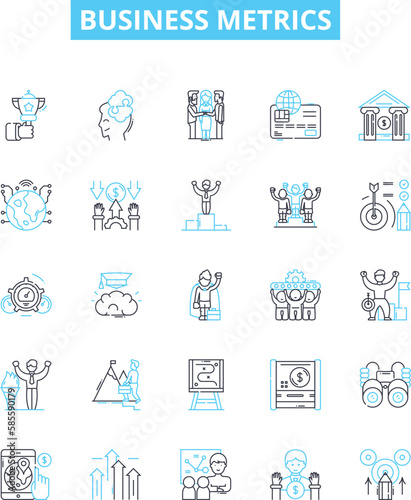 Business metrics vector line icons set. Metrics, KPIs, ROI, Profit, Revenue, Cycle, Cost illustration outline concept symbols and signs