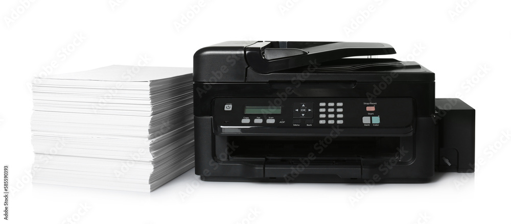 Modern printer and stack of paper on white background Modern printer and stack of paper on white background