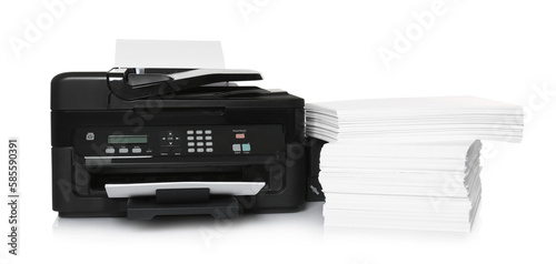 Modern printer and stack of paper on white background