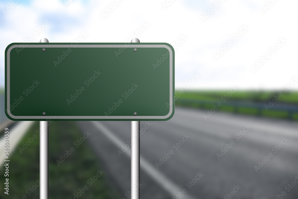 Blank green road sign on empty asphalt highway, space for text Blank green road sign on empty asphalt highway, space for text