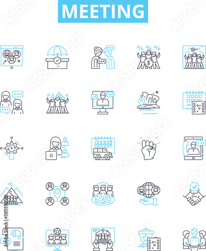 Meeting vector line icons set. Conference, Assembly, Dialogue, Forum, Gather, Caucus, Rendezvous illustration outline concept symbols and signs