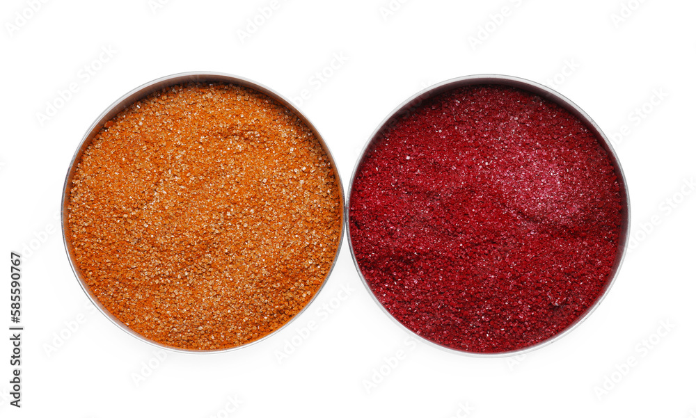 Bowls with food coloring on white background, top view Bowls with food coloring on white background, top view
