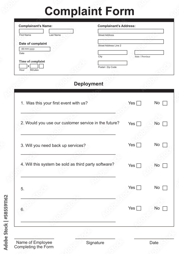 Blank customer complaint form on white background