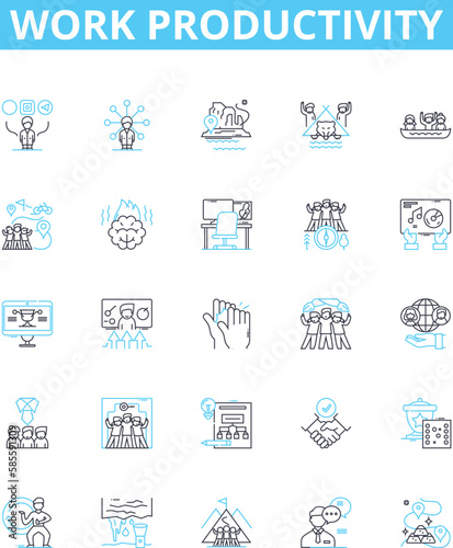 Work productivity vector line icons set. Efficiency, Productivity, Quality, Output, Results, Accomplishments, Proficiency illustration outline concept symbols and signs