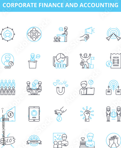 Corporate finance and accounting vector line icons set. Finance, Accounting, Corporate, Budgeting, Investment, Risk, Mergers illustration outline concept symbols and signs