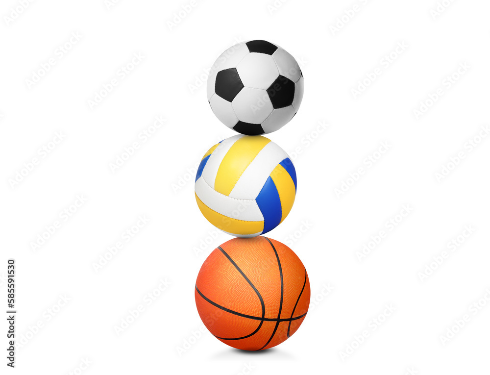 Stack of different sport balls on white background
