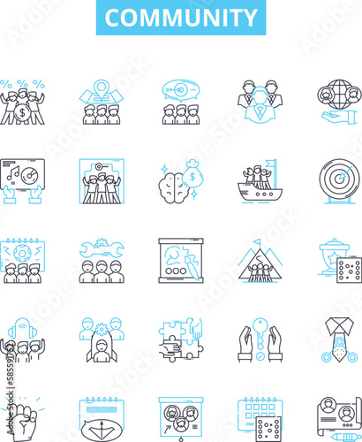 Community vector line icons set. Commune, Society, Fellowship, Congregation, Tribe, Collaboration, Coalition illustration outline concept symbols and signs