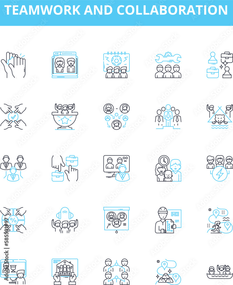 Teamwork and collaboration vector line icons set. Collaboration, Teamwork, Communicate, Cooperate, Networking, Unity, Integration illustration outline concept symbols and signs