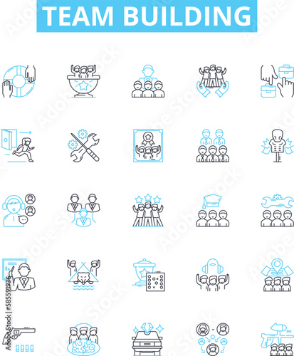 Team building vector line icons set. Collaborate, Networking, Engage, Unify, Interaction, Connect, Solidify illustration outline concept symbols and signs